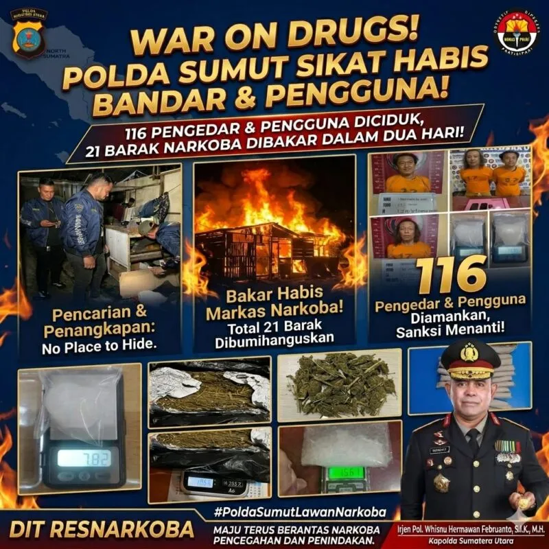 116 Pengedar dan Pengguna Diciduk, Polda Sumut Bakar 21 Barak Narkoba dalam Dua Hari